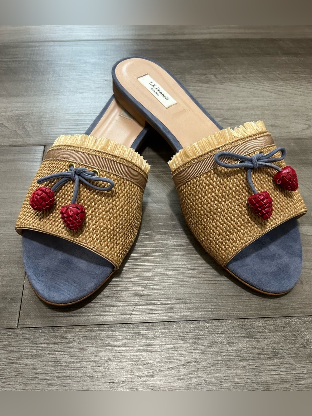 LK Bennett Blue & Natural Raffia Slide Sandals with Raspberry Tassel Charms